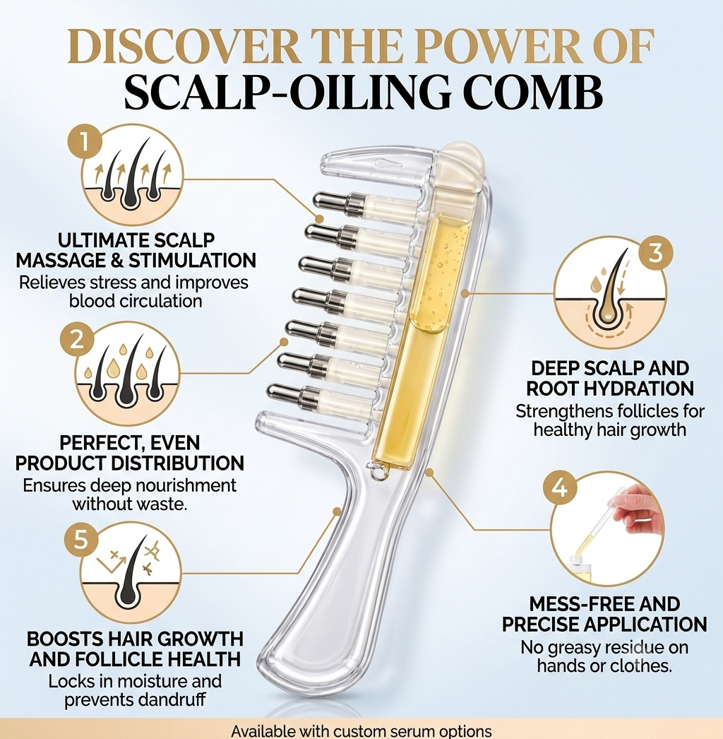 Hair Oil Applicator Comb with Scalp Massager Refillable Oil Dispenser Comb For Even Hair Oil Application