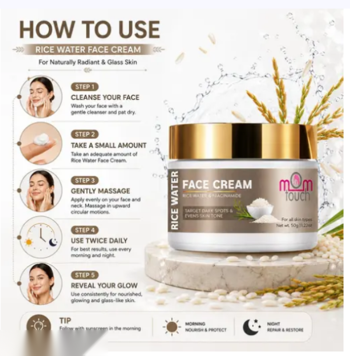 MOM TOUCH Rice Water Face Cream – Day & Night Moisturizer, 50g